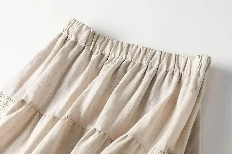 Vintage chic embroidery linen cotton long skirts women summer elastic high waist pleated maxi skirt female elegant