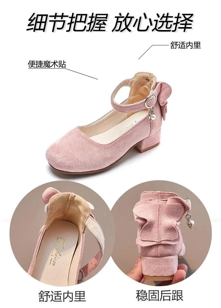 Kids Velvet Black, Pink, Red Leather High Heeled Shoes 3-15T | Girl's Princess Shoes For Party, Wedding, Dance | Children's Fashion