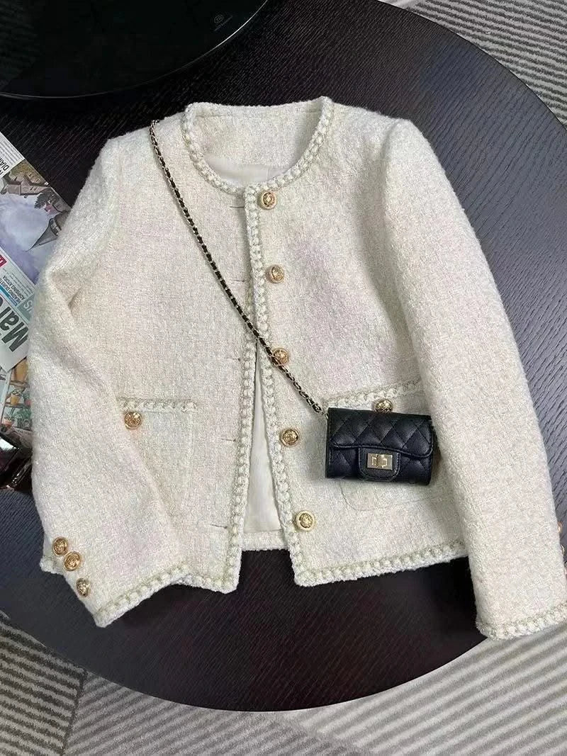 Women Vintage Jacket Autumn Winter Coat Off White Crop French Tweed