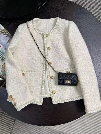 Women Vintage Jacket Autumn Winter Coat Off White Crop French Tweed