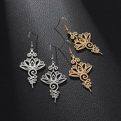 Stainless Steel Engraved Lotus Pendant Earrings for Women Yoga Meditation Jewelry Gifts
