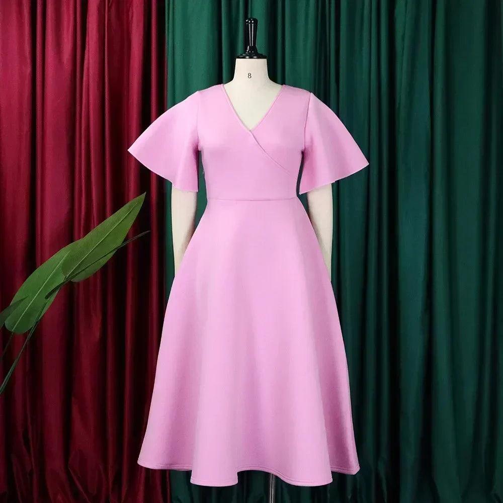 Elegant party dresses for women v neck ruffles sleeve high waisted pleated mid calf luxury birthday dinner vestidos