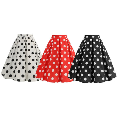 Summer Casual Women Midi Skirt Polka Dot High Waist Retro Vintage 50s Pleated Party Skirts