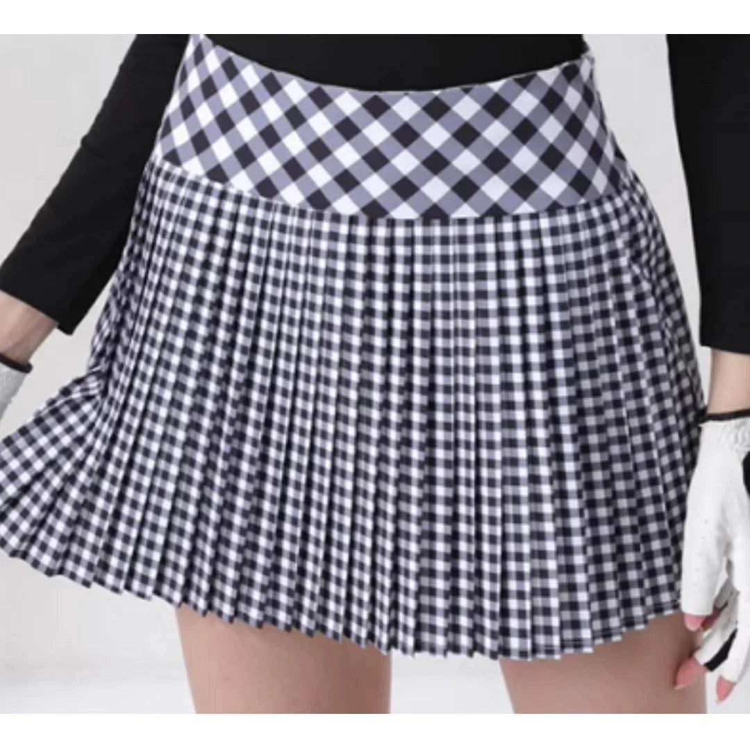 Women's Golfwear for  Slim-Fit Long-Sleeve Top with Polo Collar and Bow Tie, High-End Golf Hundred-Pleat Skirt Suit