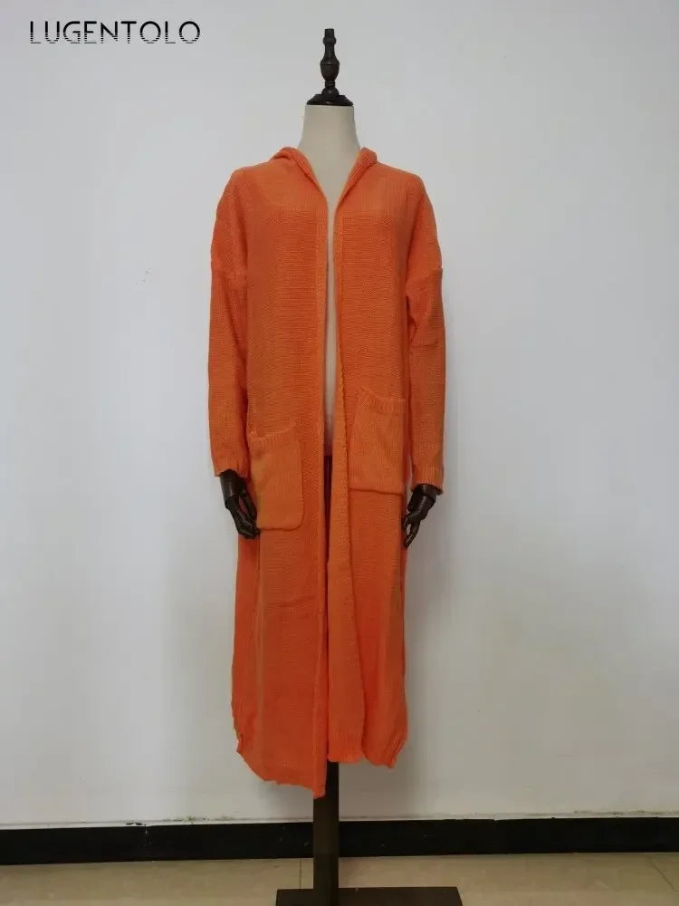 Long Sweater Women Knitted Cardigan Autumn Winter Solid Color Loose Hooded Pocket Casual Fashion Sweaters Lugentolo