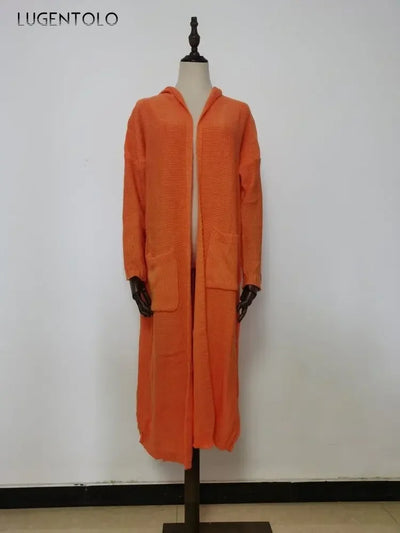 Long Sweater Women Knitted Cardigan Autumn Winter Solid Color Loose Hooded Pocket Casual Fashion Sweaters Lugentolo