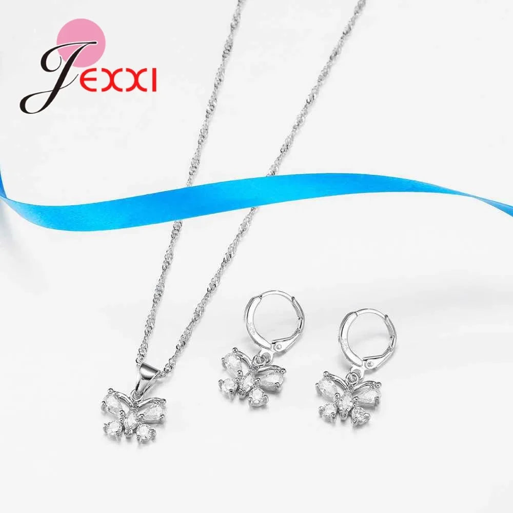 Fine Jewelry Sets Genuine 925 Sterling Silver Zircon Pendant Necklace Earrings Set for Women Crystal Bowknot Bijoux