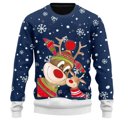 Ugly Christmas Sweater Men's Knitted Pullover Sweater Reindeer Print Round Neck Long Sleeve Pullover Top Fashion Christmas Gift