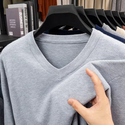 New Sweatwear Men's V Neck Basic Solid Color Sweaters Round Neck Elastic Pullovers Warm Autumn Knitted Oversized Sweater Men