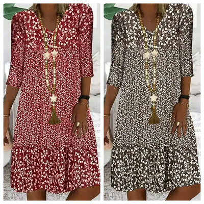 Summer Women Dress Print V-neck Loose Midi Casual Oversize Dresses Female Summer New Elegant Fashion Beach Ladies Clothes