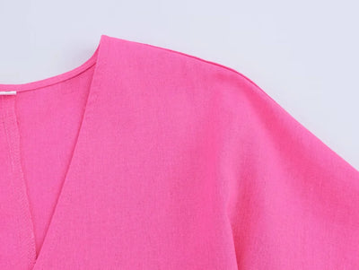 Women's asymmetrical V-neck design linen top