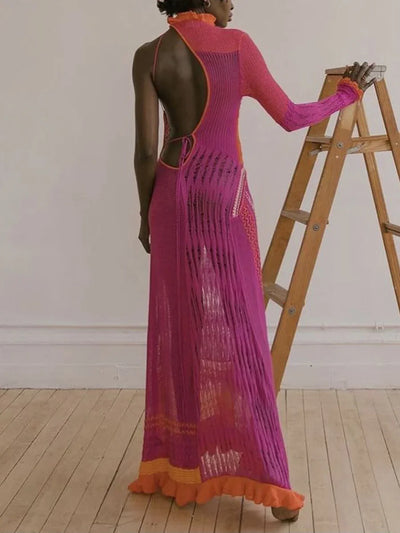 Crochet Knitted Dress for Women Contrast Hollow-Out See-Through One Shoulder Long Sleeve Beach Dress Bikini Cover-Ups