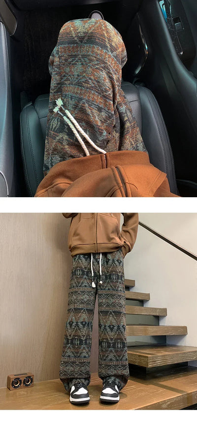 Wide leg pants Men's Vintage Geometric Knitted jacquard pants Casual Straight  Pants Ethnic Tribal Style Winter Trousers man