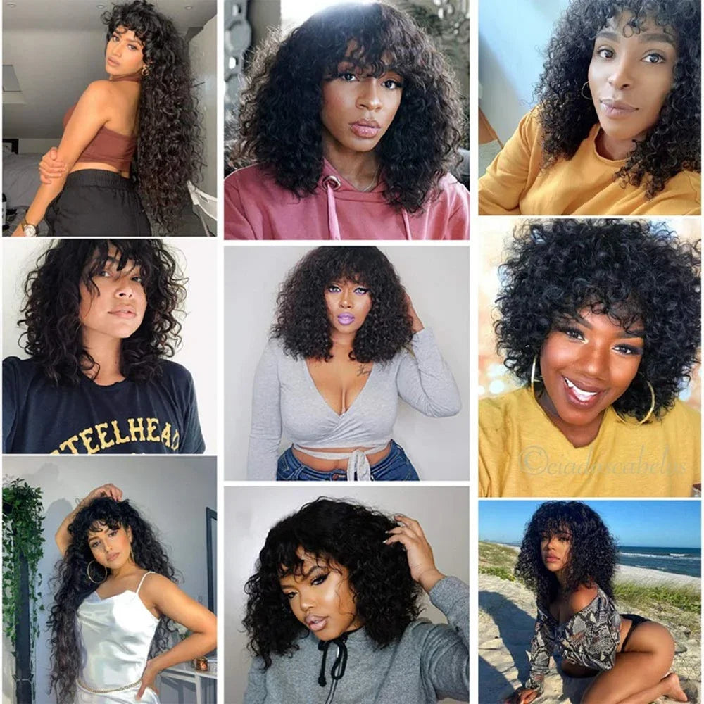 Curly Wig With Bangs Kinky Curly Human Hair Wig With Bangs Full Machine Made Frontal Wig 12A Water Wave Virgin Human Hair Wigs