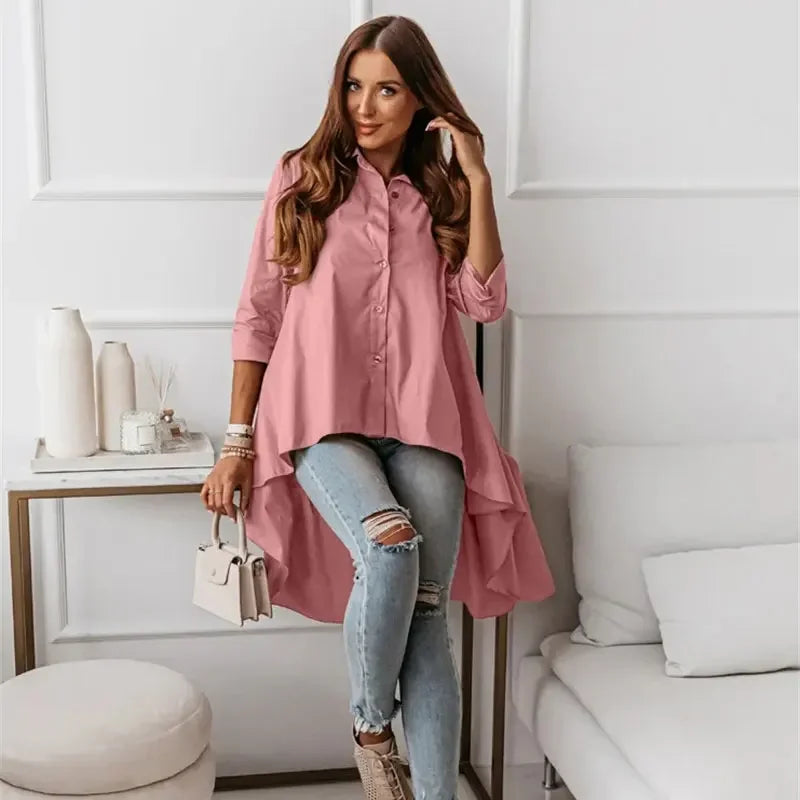 Casual Shirts Women Vintage Long Shirts Fashion Asymmetrical Front Short Back Long Blouse Autumn Long Sleeve Casual Blouse
