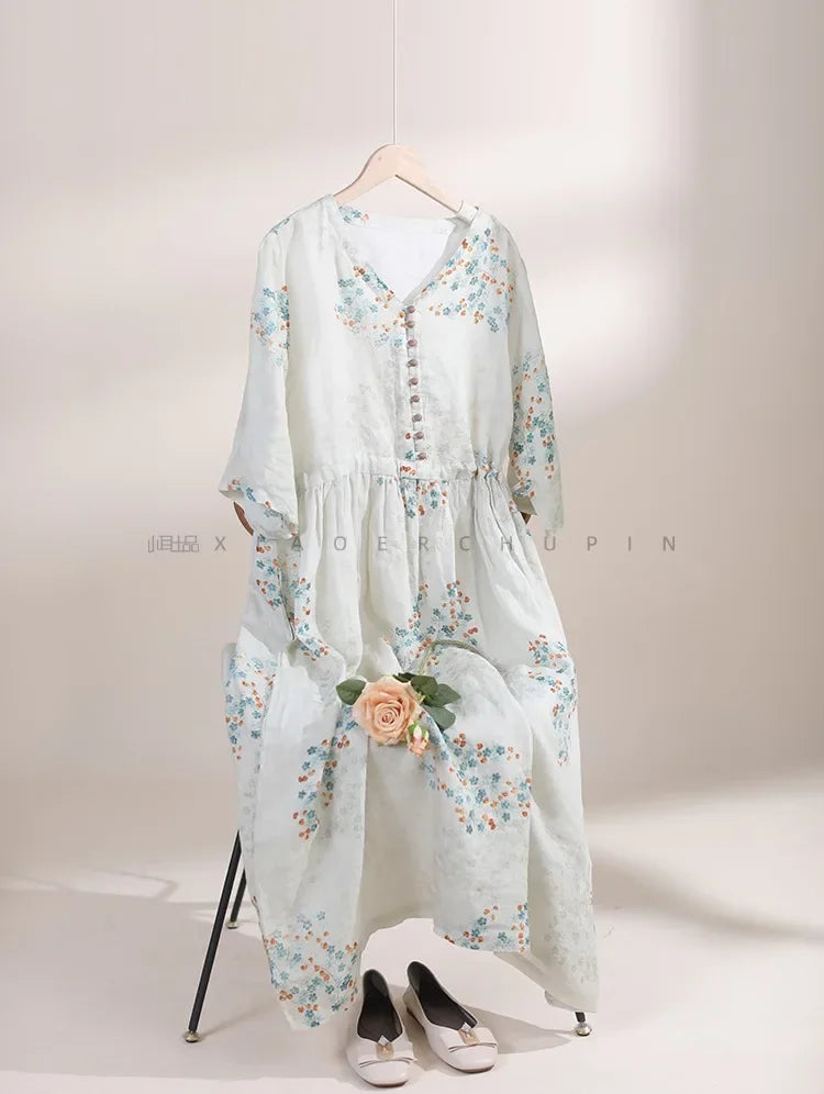 Summer Dress Women 2025 Long Print Elegant Clothing Vintage Elastic Waist Korean Beach Style V-Neck Fashion Robe Ropa De Mujer