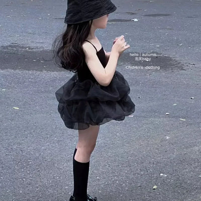 Little Black Dress 2025 Summer New Product Stylish Girls' Dress Korean Version Children's Baby Strap Princess Dress