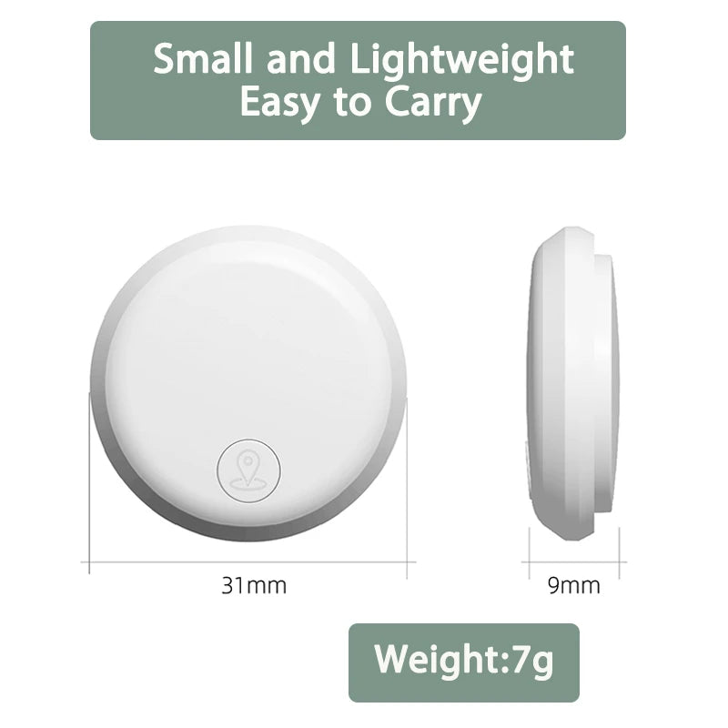 Slim white circular Smart Airtag Bluetooth GPS tracker, 7g, for Android iOS