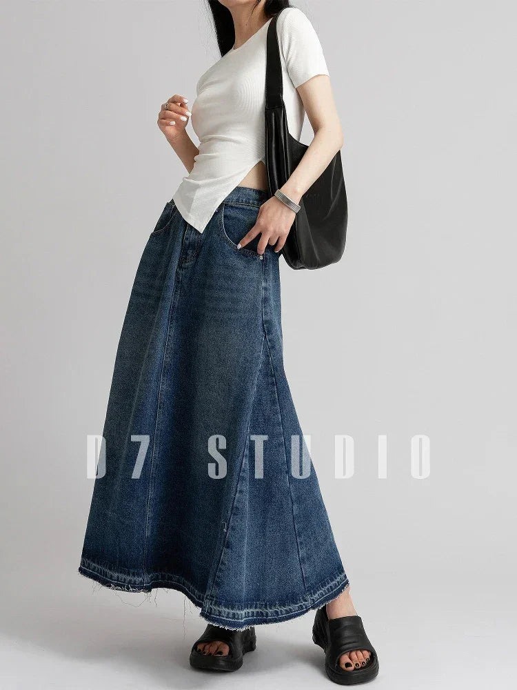 American Street Style Low Waist Large Hem Heavy Craft Retro Washed Frayed Denim Midi Skirt, Slimming A-line Skirts for Women