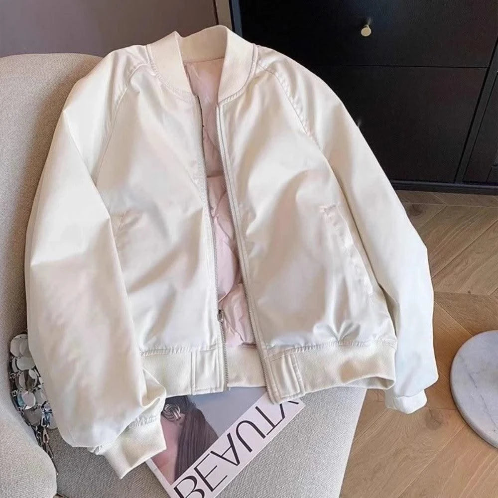 Bomber Jacket for Women Winter Zip-up White Plain Loose Baseball Aviator Coat
