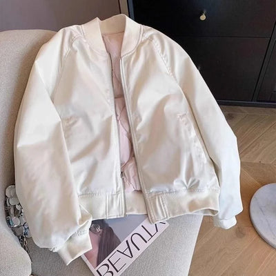 Bomber Jacket for Women Winter Zip-up White Plain Loose Baseball Aviator Coat