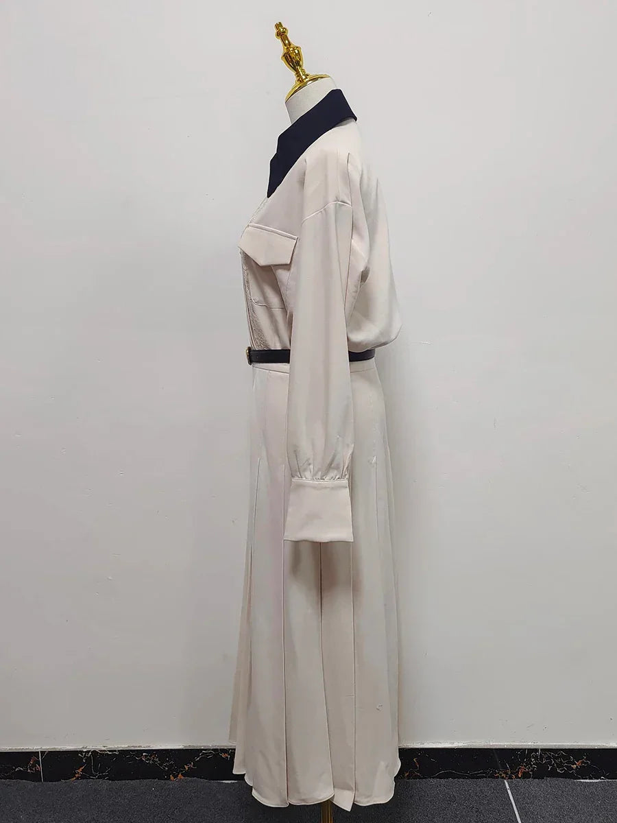 VGH Designer Slimming Hit Color Spliced Belt Long Dresses For Women Lapel Long Sleeve High Waist Temperament Dress Female New