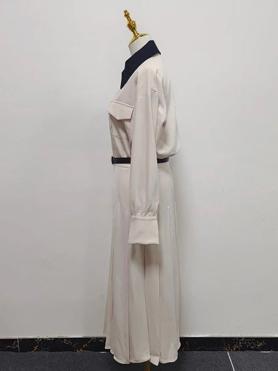 VGH Designer Slimming Hit Color Spliced Belt Long Dresses For Women Lapel Long Sleeve High Waist Temperament Dress Female New