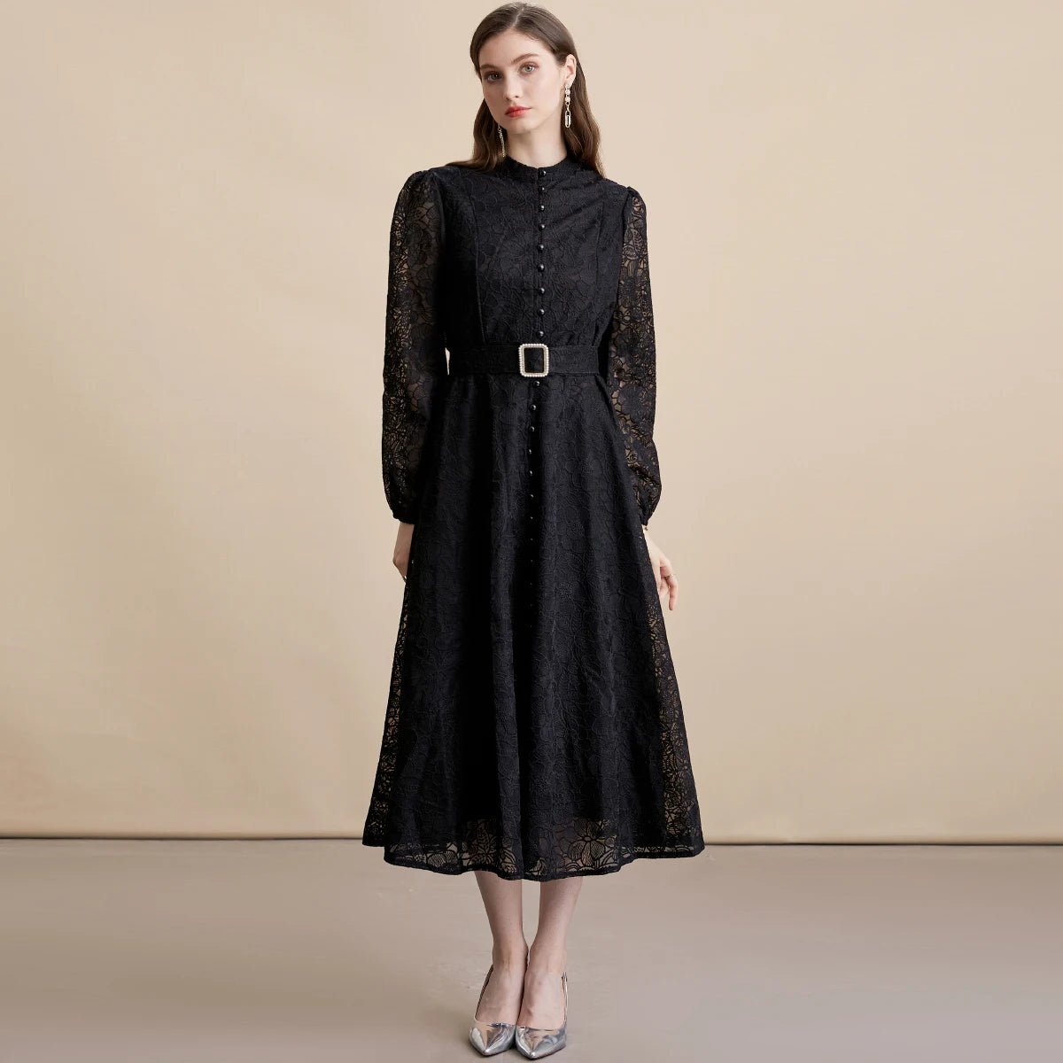 Autumn French High-end Elegant Evening Dress Women's Lace Embroidery Stand Collar Single-breasted Dress Heavy Work Banquet Robe