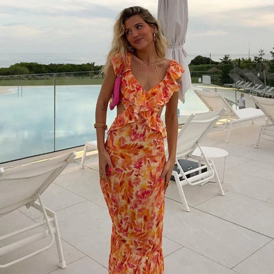 Slip Dress 2024 Summer Sleeveless Beach Style Ruffled Printing Vacation Fashion Women Casual Long Dress