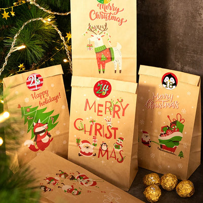 Christmas Gift Bags Kraft Paper Bag Candy Cookie Packaging Pocket Xmas Advent Calendar Digital Sticker Packing Supplies 24pcs