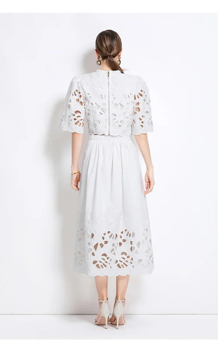 Summer Short Sleeve A-LINE Set Skirt for Women Fashion Ruffled Collar Embroidery Set Skirt Women Vestidos De Verano Mujer Q344