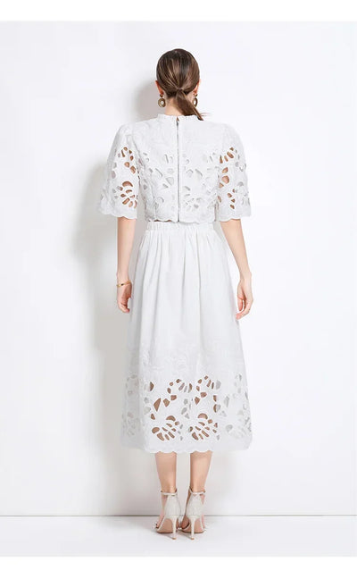 Summer Short Sleeve A-LINE Set Skirt for Women Fashion Ruffled Collar Embroidery Set Skirt Women Vestidos De Verano Mujer Q344