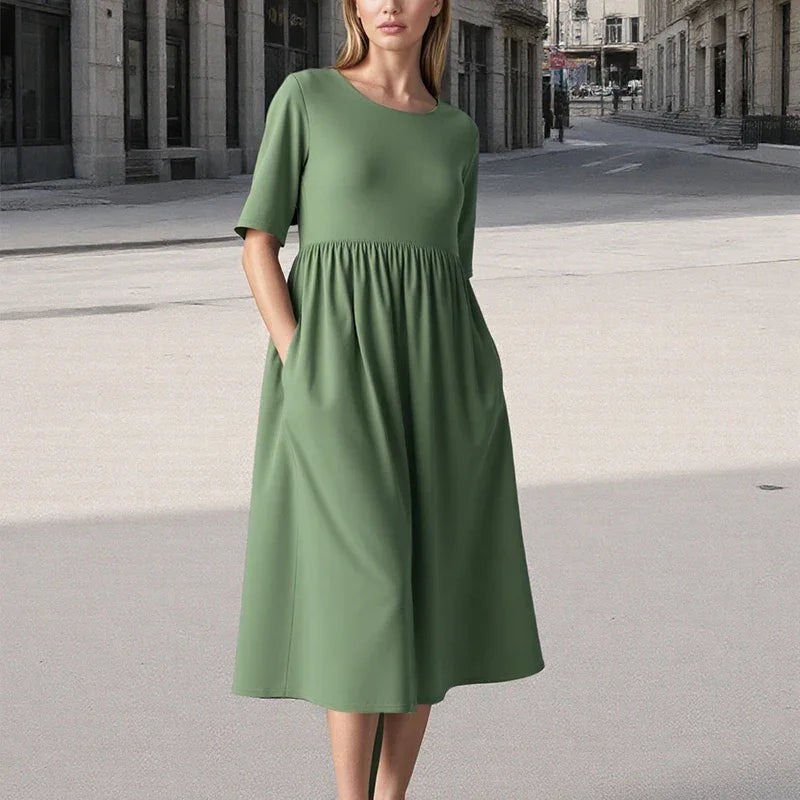 2025 Summer Cotton and Linen Dress Casual Short Sleeve Loose O-Neck Women's Dress with Pockets Simple Solid Midi Dresses 6661#