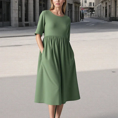 2025 Summer Cotton and Linen Dress Casual Short Sleeve Loose O-Neck Women's Dress with Pockets Simple Solid Midi Dresses 6661#
