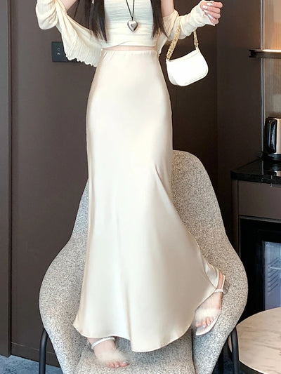 Elegant Satin Long Skirts Women Korean Fashion Clothes Elastic High Waist Black Skirt 2025 Streetwear Summer A Line Midi Skirt