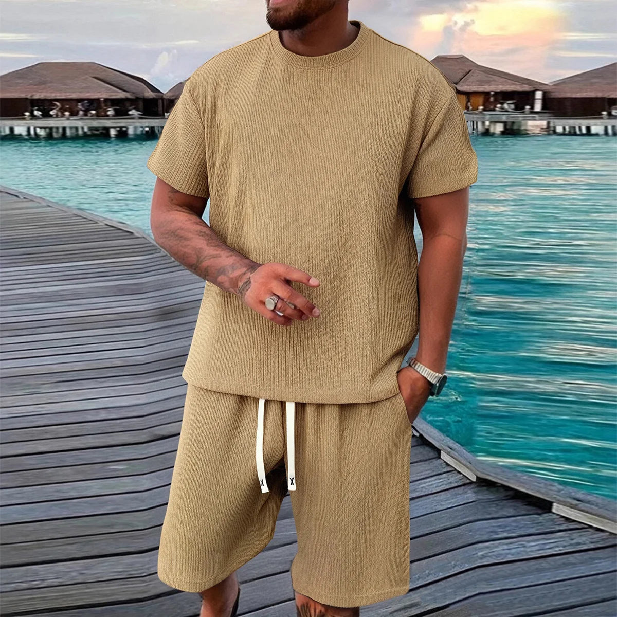 2-piece men's short sleeved shorts set, made of jacquard fabric suitable for fitness, running, and outdoor leisure activities