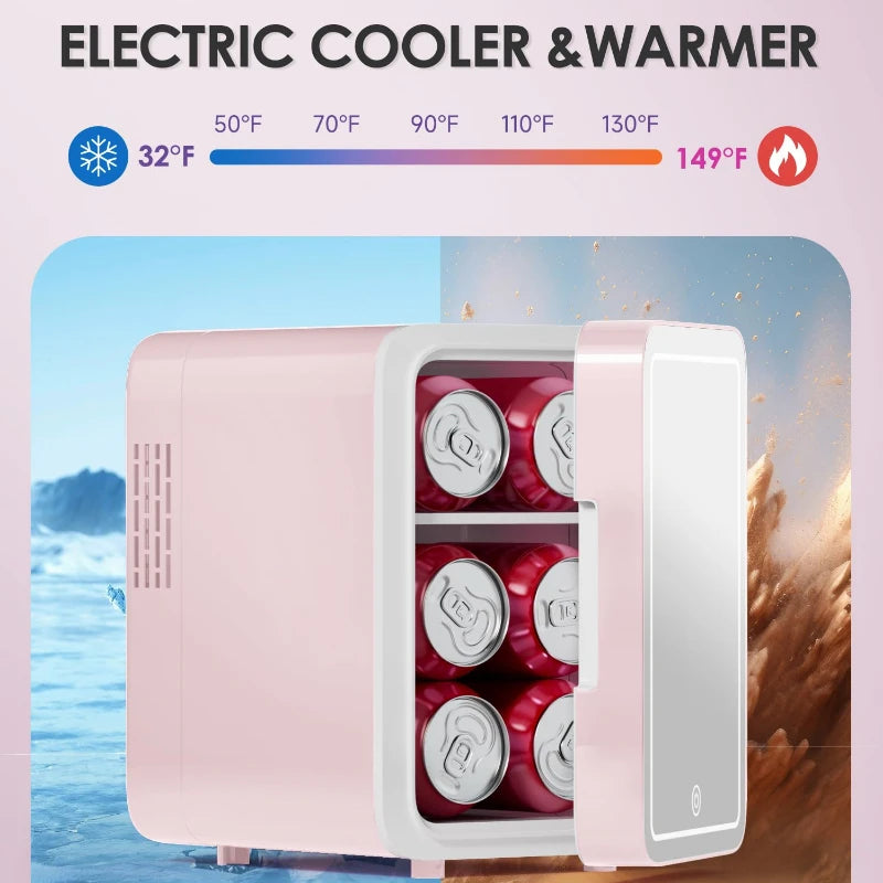 Skincare Fridge with Dimmable LED Light Mirror, 4L Makeup Mini Fridge for Bedroom, Car