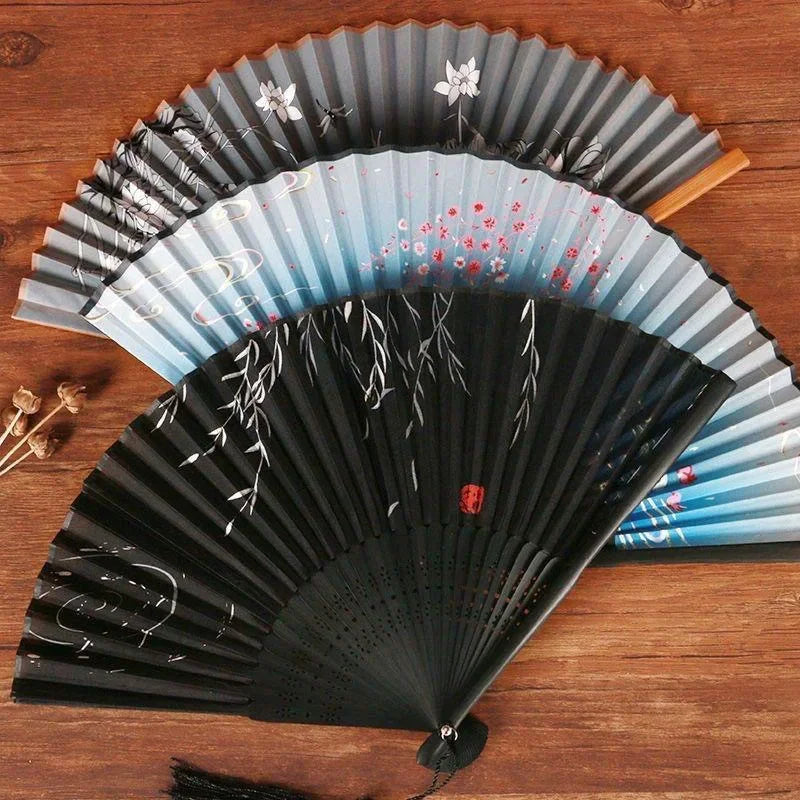 Hand Folding Fan BambooSilk Chinese Fan Hand Women Black Fan Summer Female Dance Hand Folding Fan Party Gift Hand Fans For Women