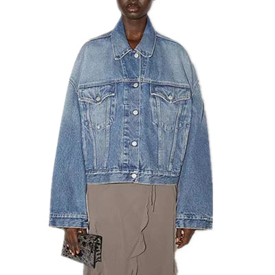 Dave&Di 2025 Minimalist Women's Denim Jacket Retro Washed Boyfriend Style Loose Bomber Jacket For Ladies