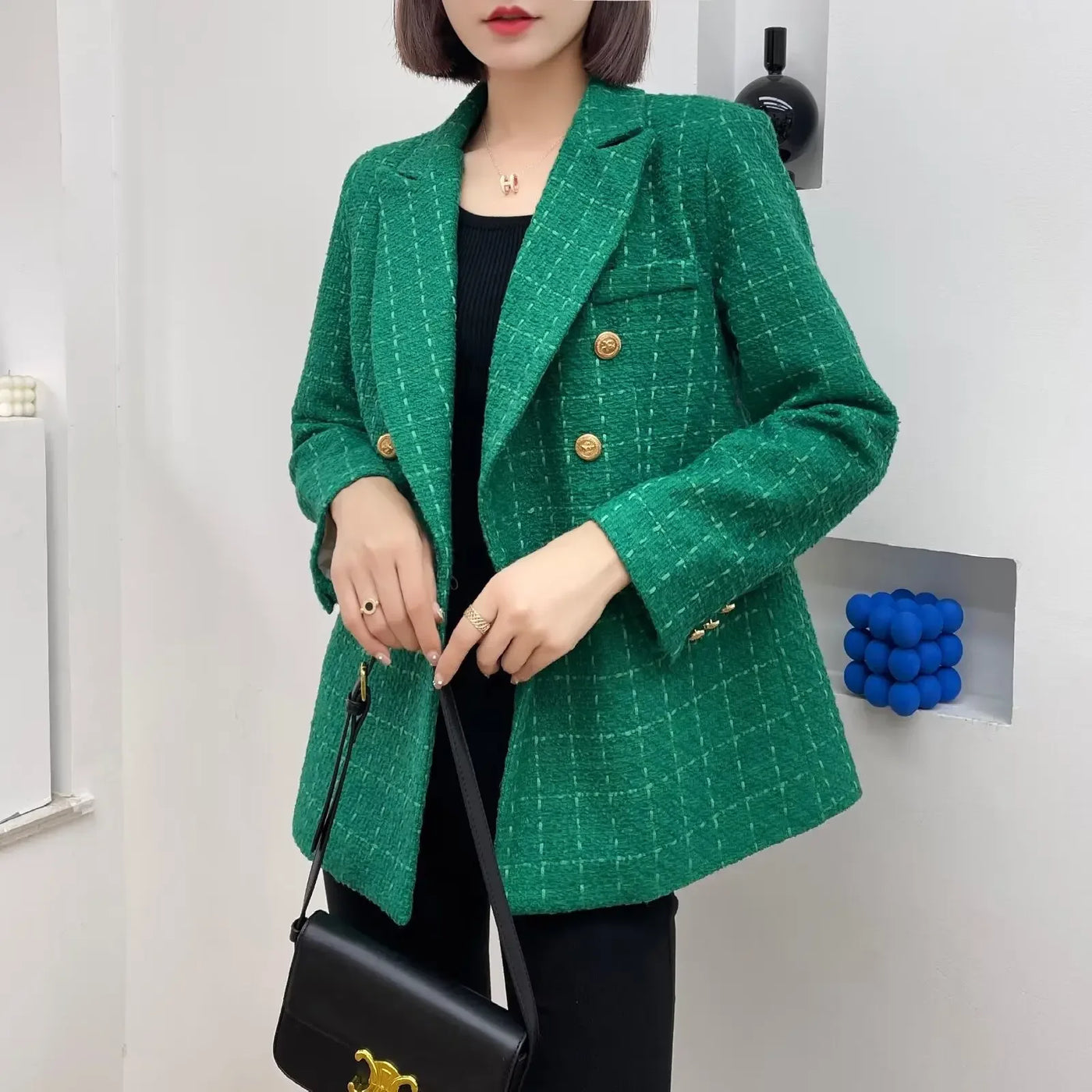 Green Double Breasted Women's Blazer, Beige, Black, Red Women Suit Jacket, Spring Vintage Female Coats