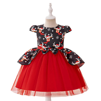 Christmas Dresses Girl Cartoon Print Princess Dress Children Red and Green Sequined Mesh Puff BalL Gown Carnival Clothes