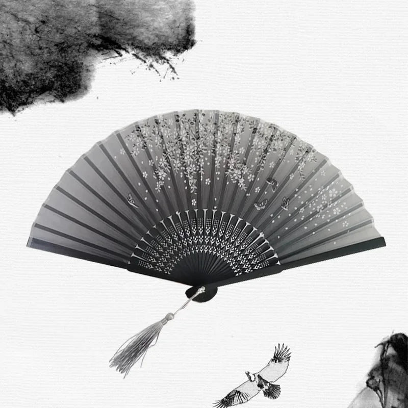 Hand Folding Fan BambooSilk Chinese Fan Hand Women Black Fan Summer Female Dance Hand Folding Fan Party Gift Hand Fans For Women