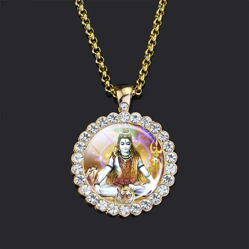 Shiva Parvati Necklace Hindu God Jewelry Vishnu Lakshmi Glass Rhinestone Pendant Chain Necklace Hinduism Jewelry