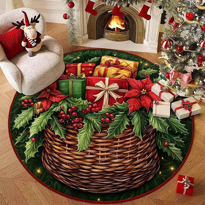 Christmas Stocking Gift Basket Carpet Mat Poinsettia Holly Rug Red Green Gold Festive Non-slip Home Decoration for Living Room