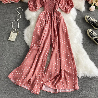 V Neck Sexy Dolman Sleeves Waist Slim Polka Dot Print Jumpsuit Women Wide Leg Trousers Jumpsuit