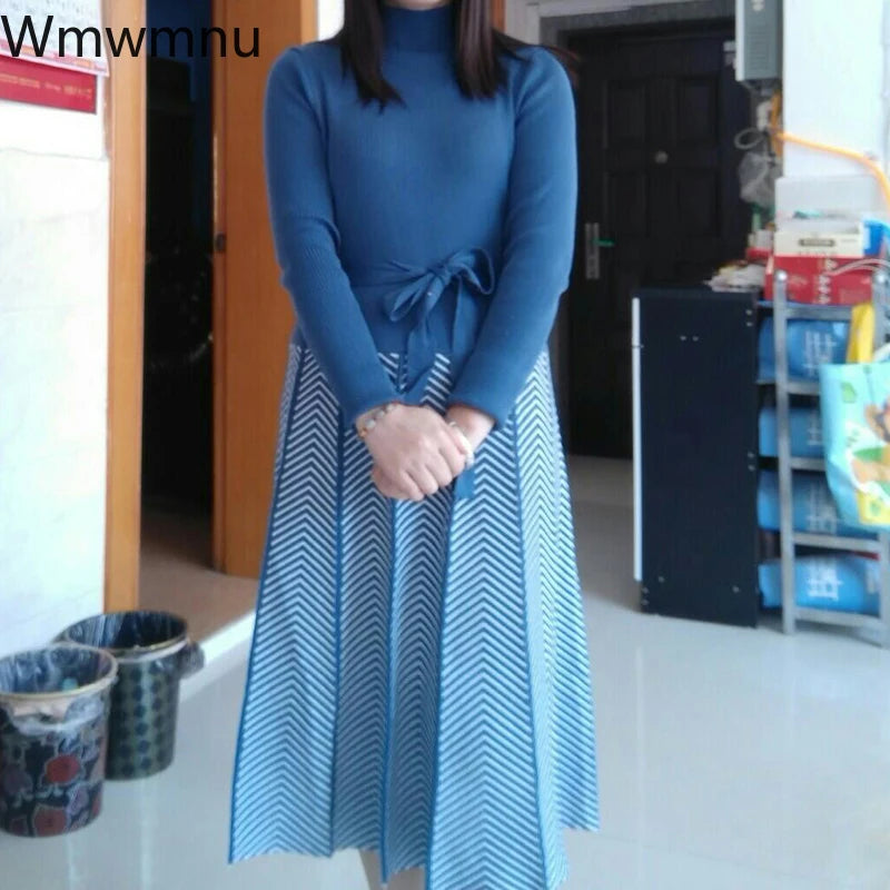 Sweater Dress Fall Winter patchwork Long Sleeve Women Elegant Knitted A-Line pleated Dress Female Korean Lace-Up Vestidos 2023