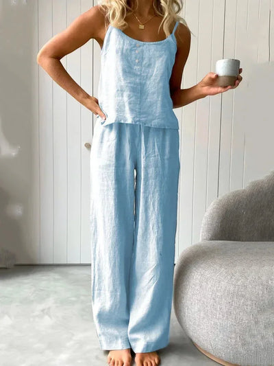 Cotton Linen Women's Suit Slip Vest Wide-leg Pants Suits Female Fashion Casual 2 Piece Sets Home Casual Clothes Ladies Sets 2025