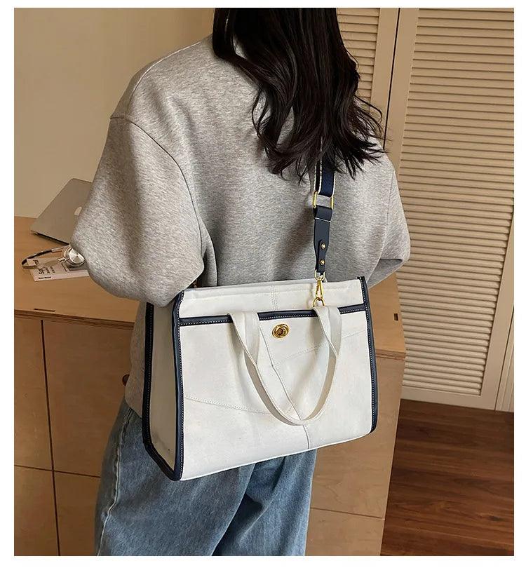Designer colorblock canvas tote - oversized denim shoulder bag for women stylish work & casual crossbody purse