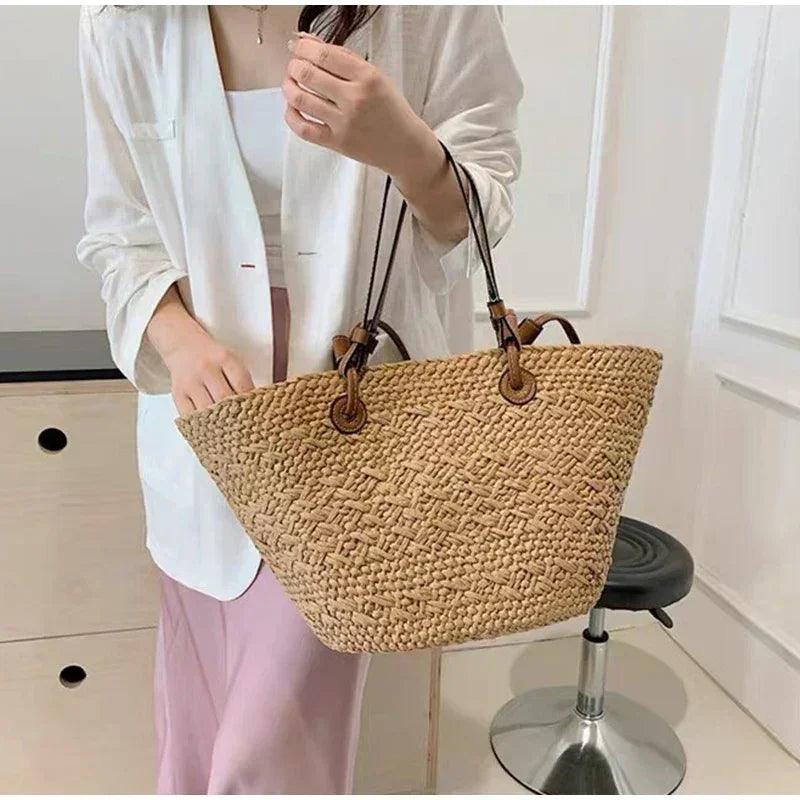 Designer bohemian chic shoulder bag,solid color large capacity straw woven tote bag,nature-inspired beach vacation