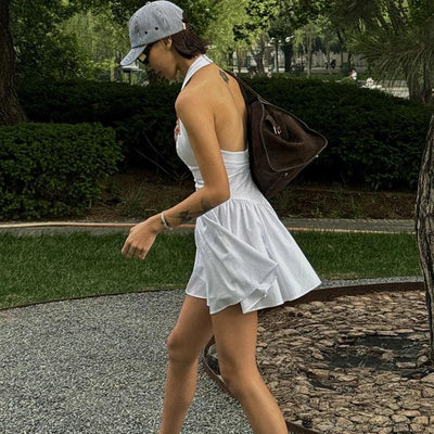 A-Line Dress Women Summer New White Fashion Halter Sleeveless Sexy Backless Dresses Casual Slim Club Party Elegant Lady Dress